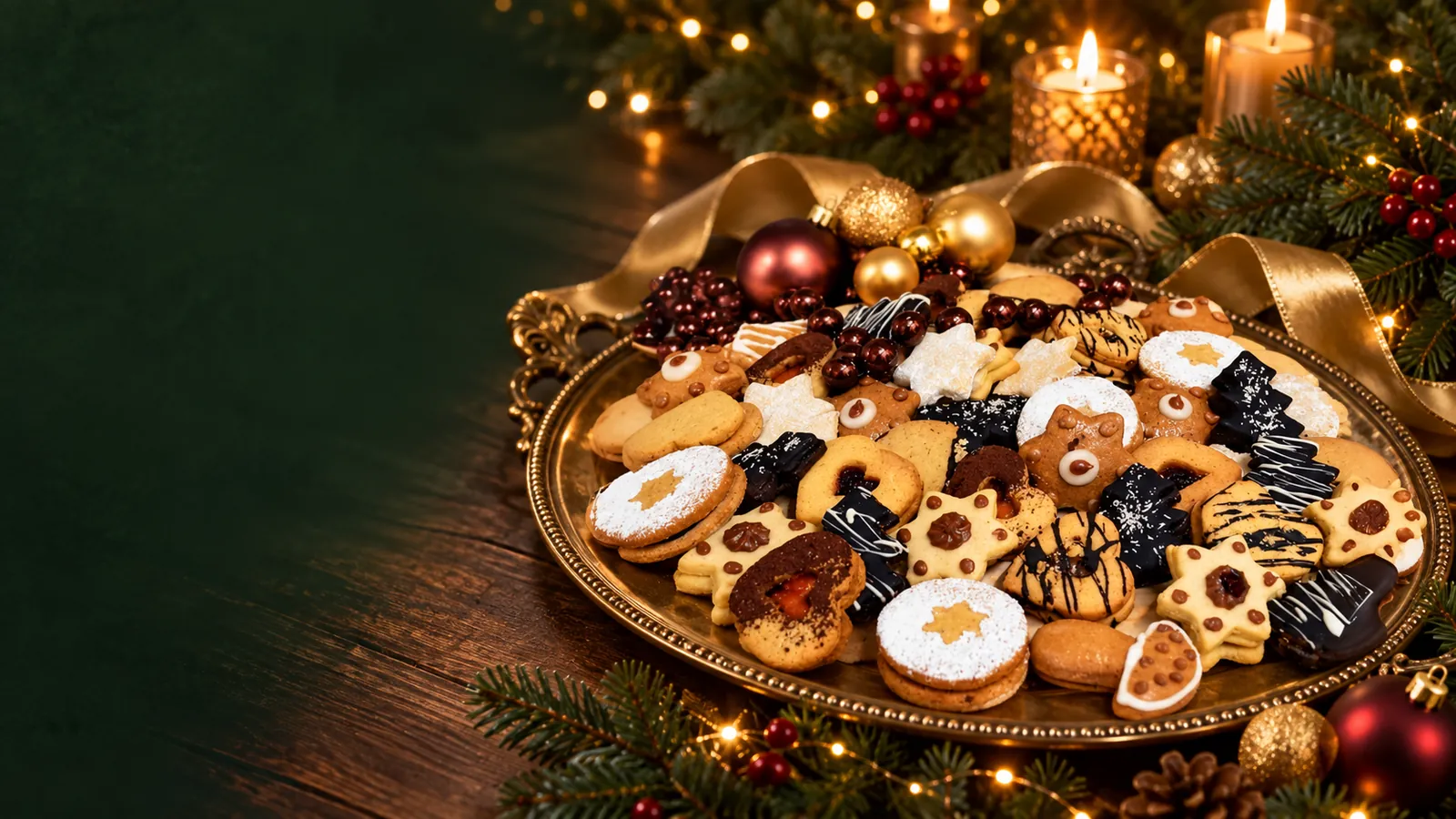 Vianočné pečivo City Cake Company na zlatom podnose pri sviečkach a ihličí